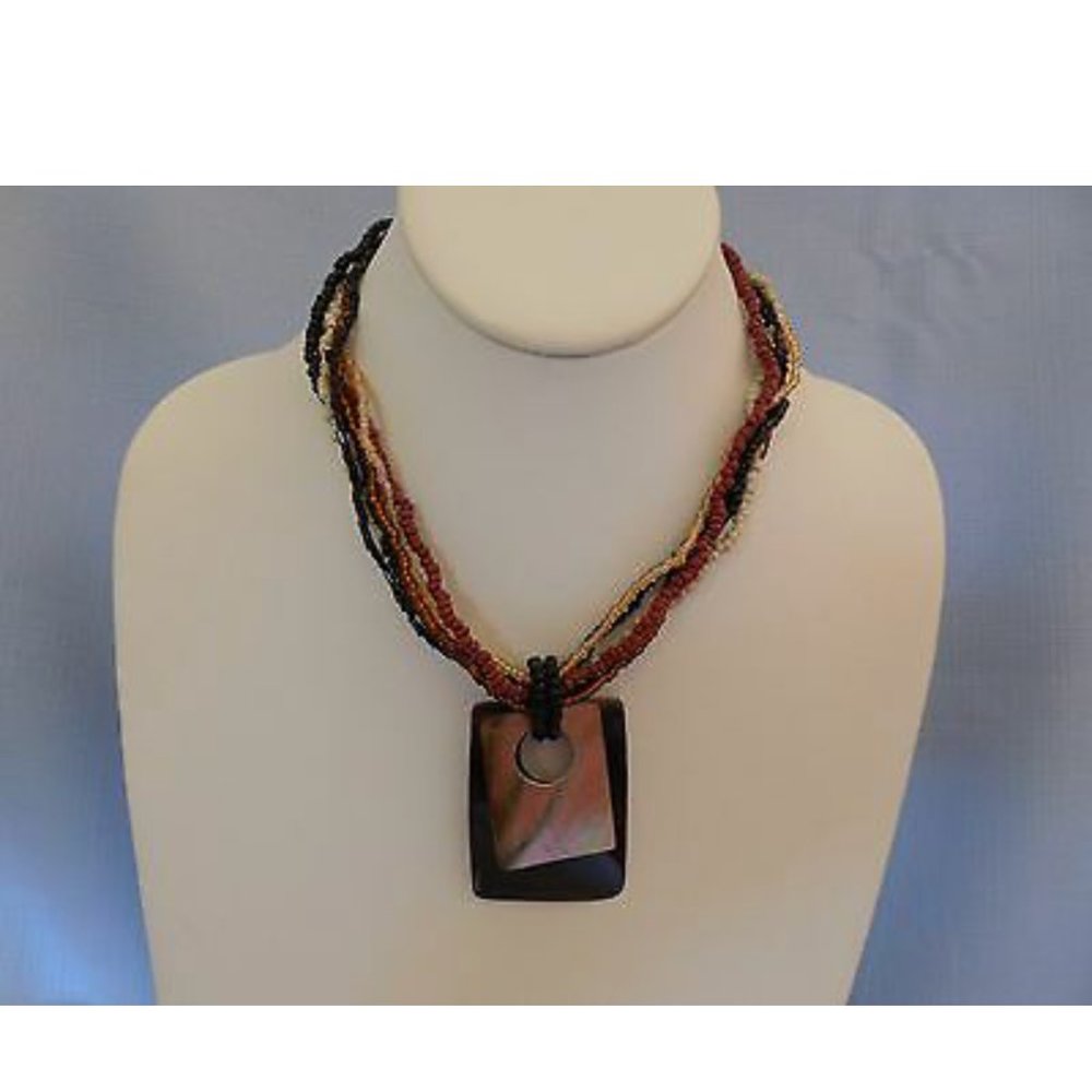 Beaded Multi Strand Necklace w Shell Pendant